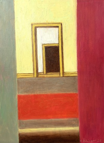 Nr. 13 Innenraum mit rotem Streifen 2025 Öl a. Lw. 77 x 58 cm