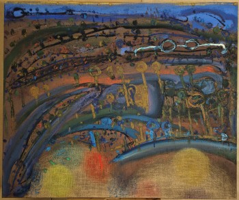 Nr. 2 Gegend mit Brille sieht einen an 1997-2025 Mischt. a. Rupfen 105 x 125 cm