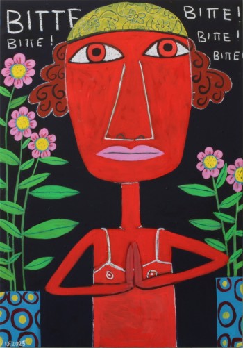 Nr. 29  Bitte! 2025 Acryl u. Ölkreide a. Holz 100 x 70 cm