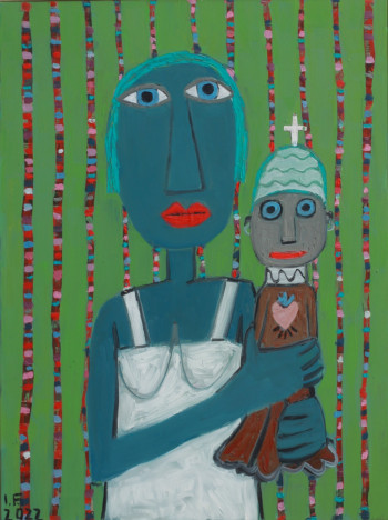 Nr. 2 Frau mit Figur 2022 Öl a. Lw. Collage 80 x 60 cm