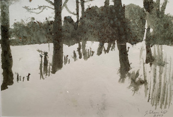 Nr. 5 Weg im Schneegestöber bei Prien am Chiemsee Tuschezeichnung 2009 29,7 x 21 cm