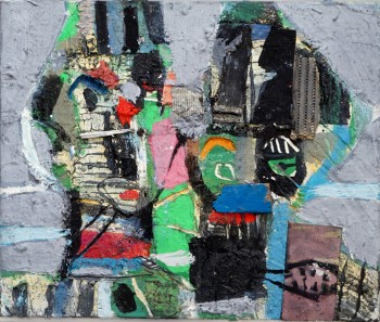 Nr. 29 Graue Köpfe  2022  Öl, Assemblage a. Lw.  50 x 60 cm