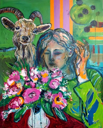 Nr. 2 Woman smelling flowers and a goat 2023 Acryl a. Lw. 100 x 80 x 3,5 cm
